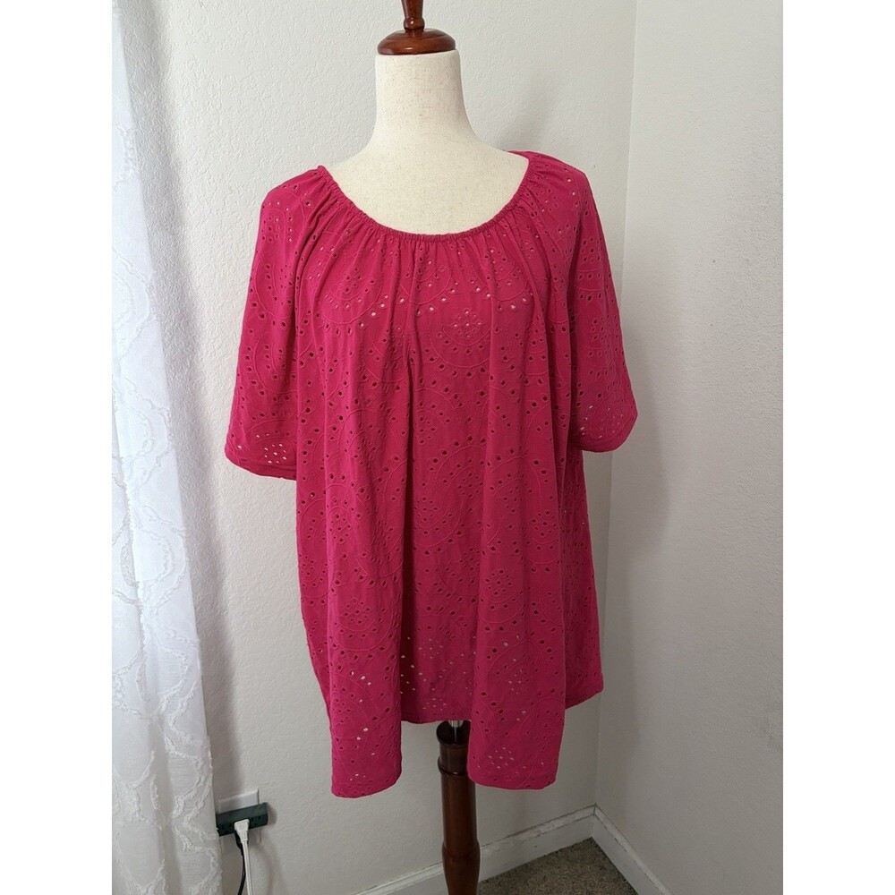 Ellos Women’s 1X Pink Eyelet Knit Peasant Top Short Sleeve Boho Blouse Stretch
